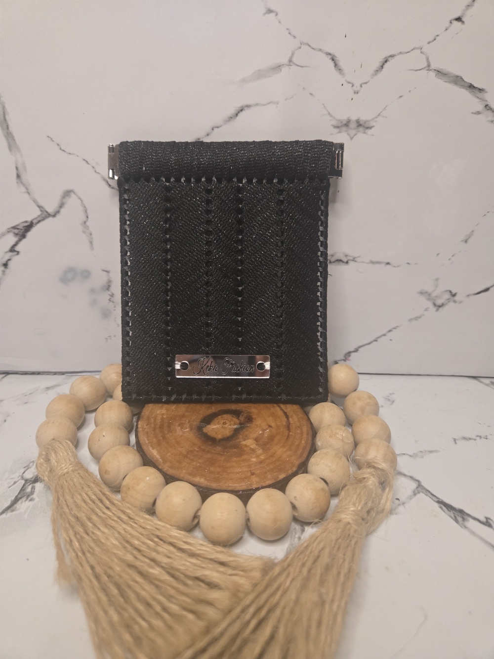 Black Textured Compact Wallet with Silver Accent